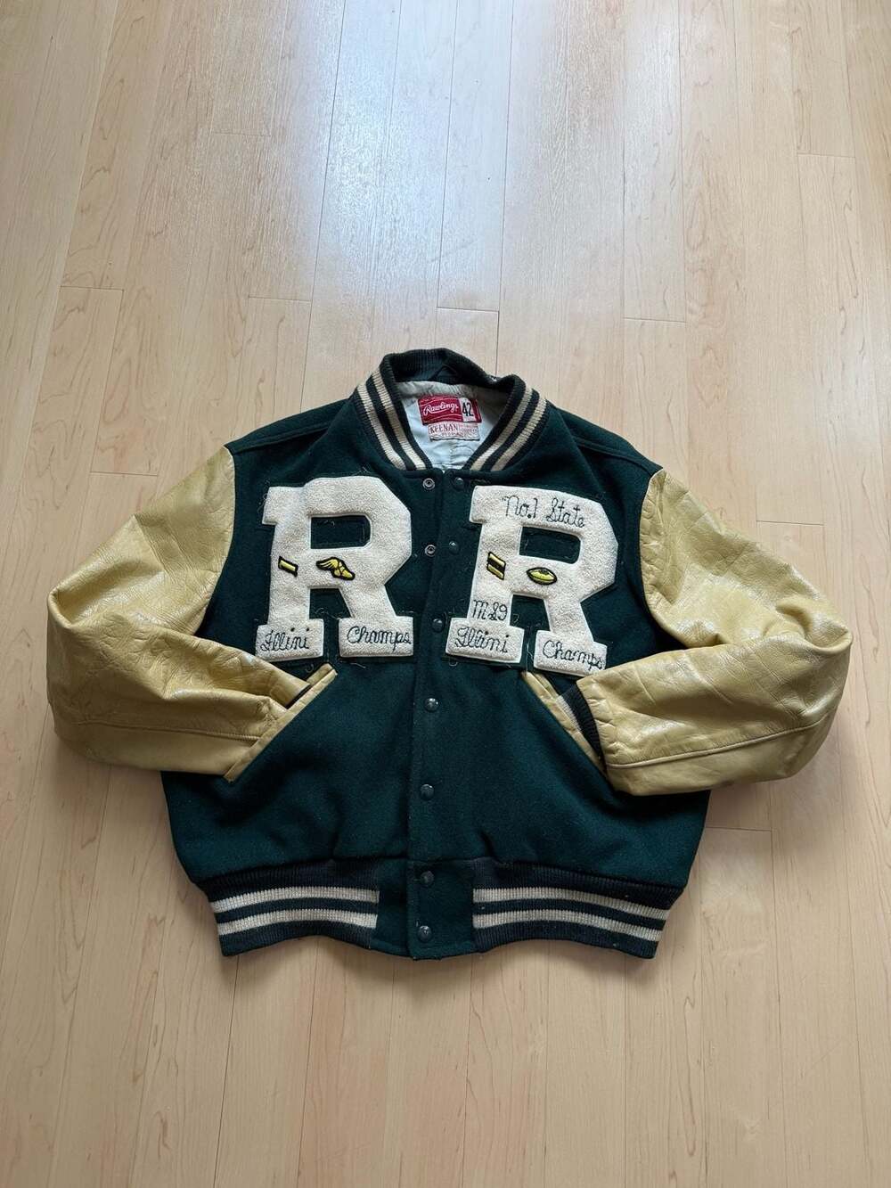 60s Rawlings Varsity Jacket Size 42 Green Wool Leather